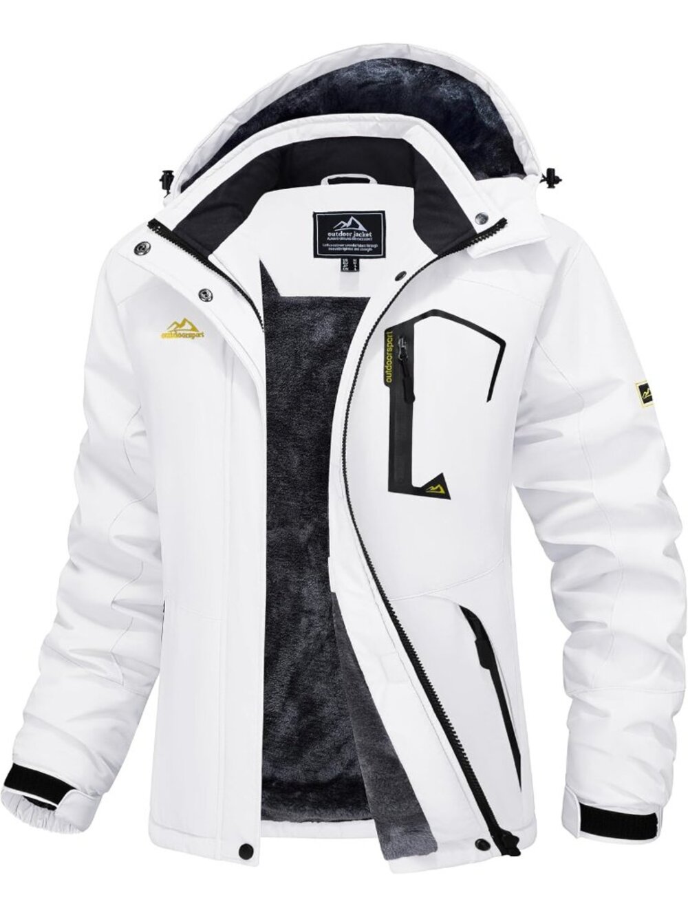 Women White Band Collar Multiple Pockets Insulated Thermal Ski Jackets